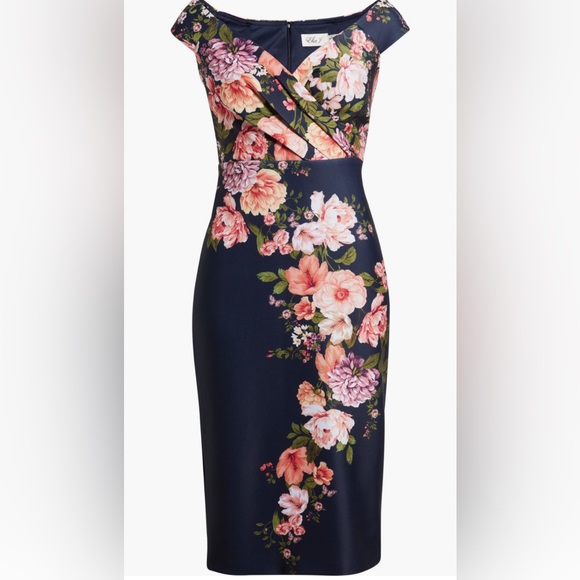 Eliza J Floral Print Scuba Sheath Cap Sleeve Midi Navy Blue Dress NWT Size 14 - Picture 5 of 12